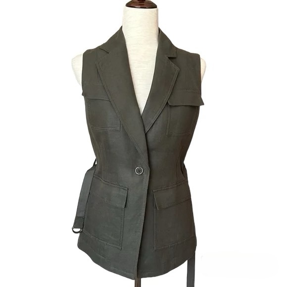 Banana Republic Safari Vest Olive Green Linen Cotton Cargo Utility Vest XS - Picture 3 of 5